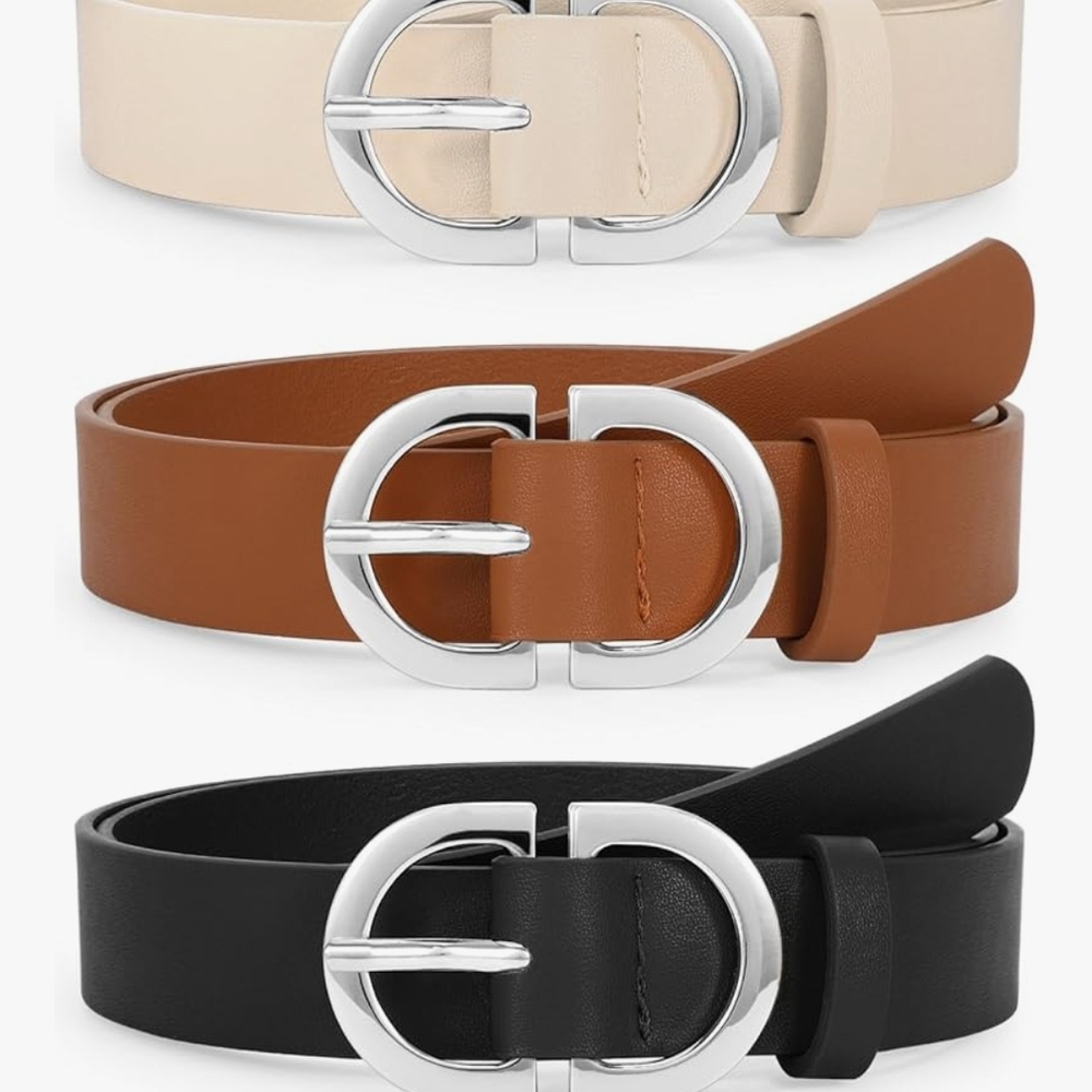 Elegant Women's Belt Set - Cream, Brown, and Black With Silver Buckles